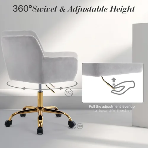 Miniatura 4 de Silla de Escritorio Giratoria de Piel Sintética de 360°, Moderno Sillón de Oficina en Casa Ajustable en Altura con Base Dorada para Adolescentes