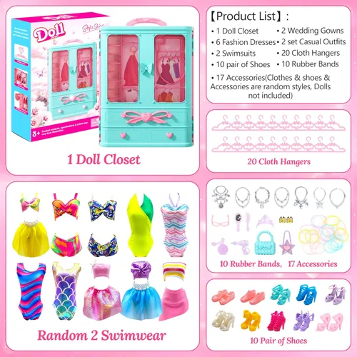 Miniatura 3 de Style Shine Armario de muñecas de 70 piezas con ropa y accesorios, 2 vestidos de novia, 6 vestidos de moda, 2 atuendos casuales, 2 trajes de baño