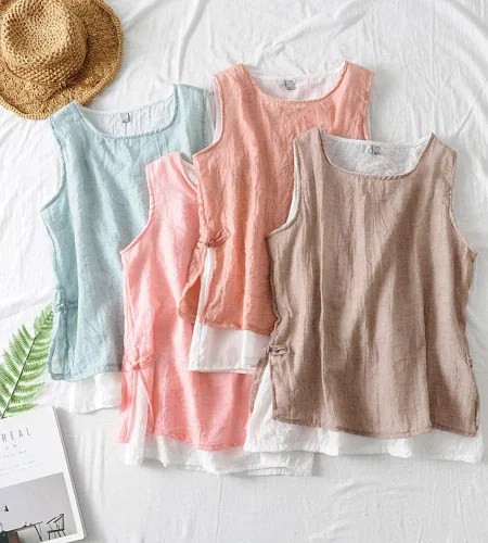 Miniatura 6 de SCOFEEL Camiseta sin mangas de lino ligero para mujer, camiseta sin mangas de doble capa