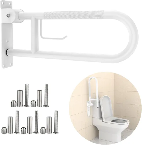 Miniatura 14 de Barra de sujeción para inodoro de 77 cm, YuanDe, riel de apoyo antideslizante blanco, barra de sujeción plegable en forma de U con porta papel