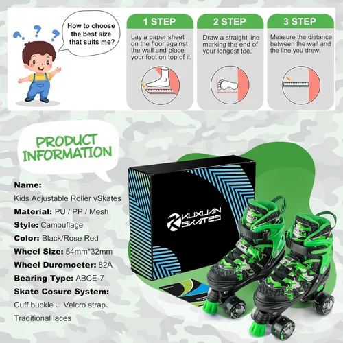 Miniatura 6 de Kuxuan Skates Patines ajustables de camuflaje para niños y niñas con ruedas iluminadas, divertidos patines iluminadores para niños, niñas y jóvenes
