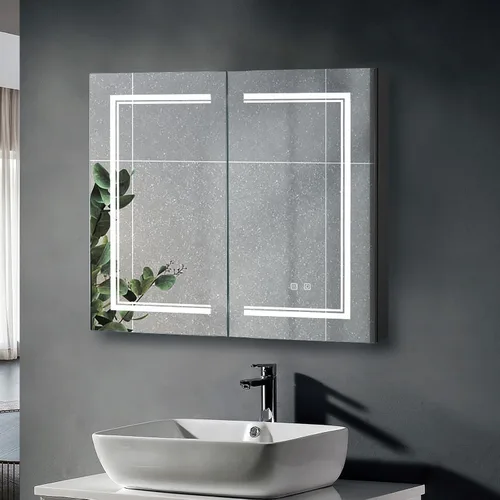Miniatura 10 de Karl home Botiquín de baño de 32 x 28 pulgadas con 2 puertas con espejo LED, gabinete de baño regulable de 3 colores montado en la pared con Blanco