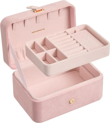 Miniatura 56 de SONGMICS Caja organizadora de joyas, estuche de viaje de 2 capas para aretes, collares, pulseras, almacenamiento portátil de joyas con gran Verde