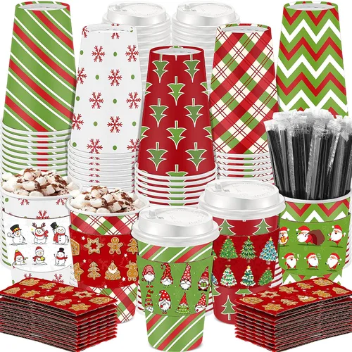 Miniatura 8 de Ziliny 100 juegos de tazas de papel de Navidad con manga y tapa con pajita, tazas de chocolate caliente y cacao para fiestas de Navidad, suministros