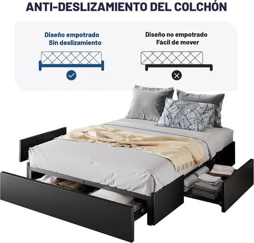 Miniatura 8 de Marco de cama Allewie tamaño matrimonial con plataforma y 3 cajones de almacenamiento, tapizado en piel sintética, soporte de listones de madera,