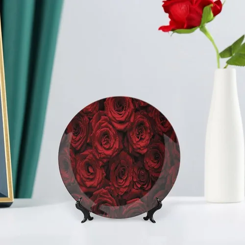 Miniatura 6 de Placa decorativa de 8 pulgadas, artesanía de cerámica roja oscura, rosas rojas con gotas de agua, placa de exhibición de cerámica para adornos Rojo
