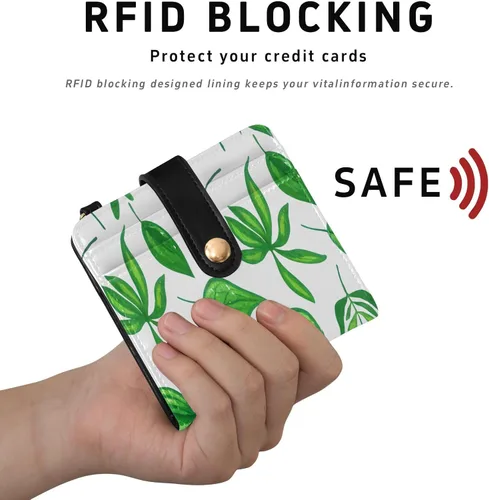 Miniatura 4 de Qilmy Green Leaves Compact Women's Wallet - RFID Blocking Bifold Card Case PU Leather Slim Travel Wallet with Zipper Coin Pocket, ID Window &