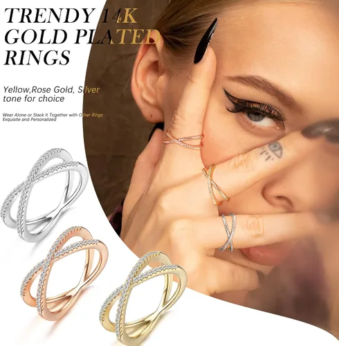 Miniatura 5 de Diamday Anillo en X chapado en oro de 14 quilates con circonita cúbica brillante apilable, anillos de boda con diamantes de imitación cruzados