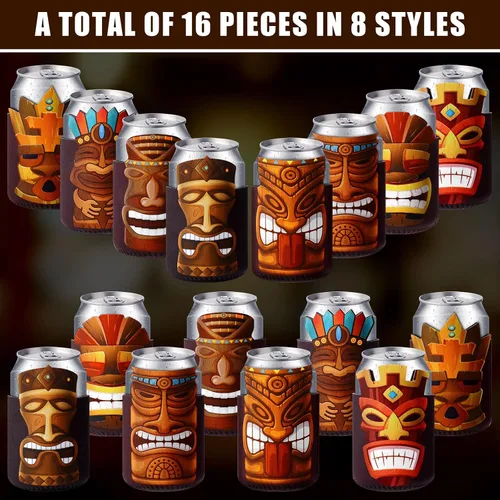 Miniatura 7 de Tarpop 16 fundas para latas de cerveza Tiki Party con aislamiento a granel, de neopreno, Luau Soda para bebidas de cerveza, funda para botella