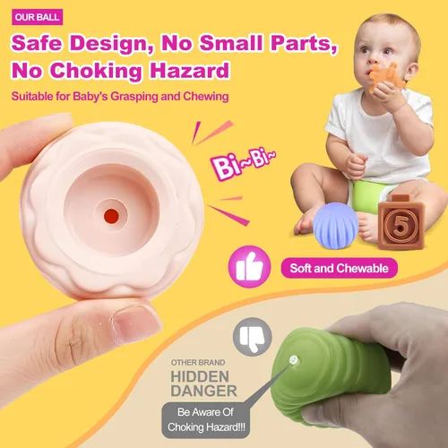Miniatura 4 de Juguetes Montessori para bebés, juguetes 3 en 1 para bebés de 6 a 12 meses, bloques apilables, bolas sensoriales y anillos de dentición suaves, Caja