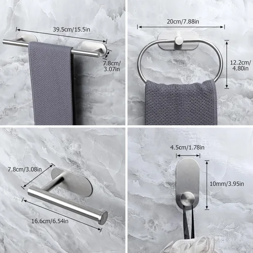 Miniatura 6 de JiGiU Toallero autoadhesivo, el juego de accesorios de baño incluye barra de toalla de baño de 16 pulgadas, soporte de papel higiénico y anillo