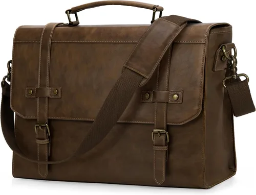 Miniatura 15 de RAINSMORE Bolsa de mensajero para hombre de 17 pulgadas, impermeable, de piel vintage, maletín para laptop, bolsa grande para laptop, bolsa de Marrón