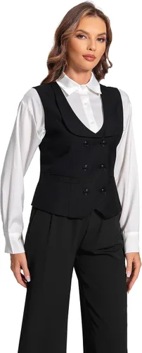 Miniatura 6 de Foucome Chaleco de doble botonadura para mujer, chaleco elegante con cuello de solapa