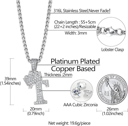Miniatura 5 de Richsteel A-Z Crown Initial Necklace For Men Women 18K Gold Plated Shiny Cubic Zirconia Monogram Pendant with 22'' Chain+2'' (Extended) Fashion