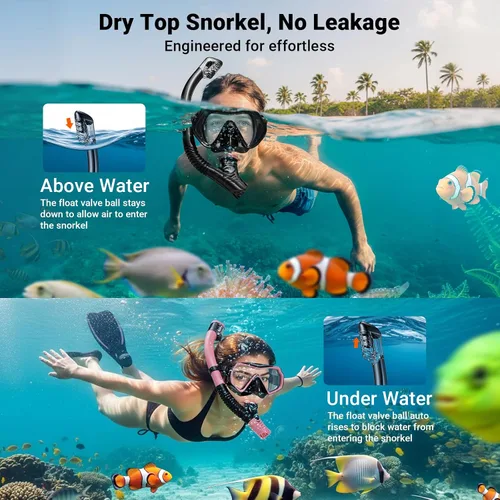 Miniatura 4 de Snorkel Mask Set, Dry-Top Snorkel Set Scuba Diving Mask, 180° Panoramic Wide View, Professional Breathing Freely Snorkeling Gear Kit with Nose Cover