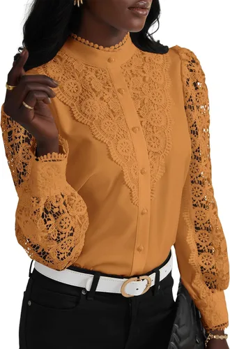 Miniatura 23 de Rooscier Blusa Elegante de Encaje de Crochet con Cuello Alto Simulado de Manga Larga con Botones para Mujer Top