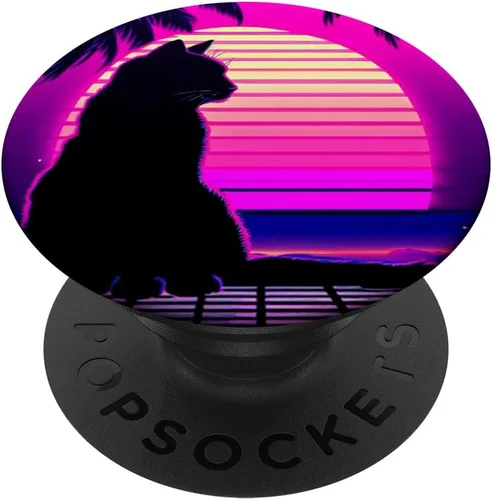 Funny Retro Vaporwave Synthwave Cat PopSockets Adhesive PopGrip