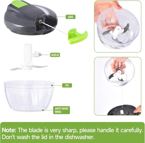 Miniatura 9 de Procesador manual de alimentos, picador de verduras, picador de ajo portátil con cuerda de mano, cortador de cebolla para verduras, jengibre, GGreen