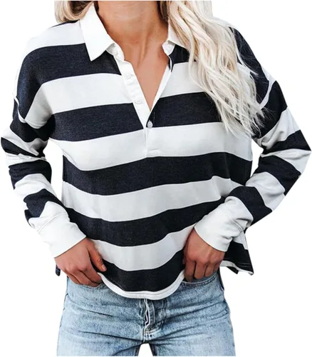 Miniatura 6 de Camiseta de manga larga con botones y cuello de solapa y estampado a rayas para mujer