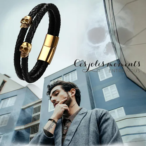 Miniatura 3 de NMQLX Pulsera de cuero, pulsera de calavera punk, pulseras de cuero trenzadas, pulsera gótica vintage para hombres