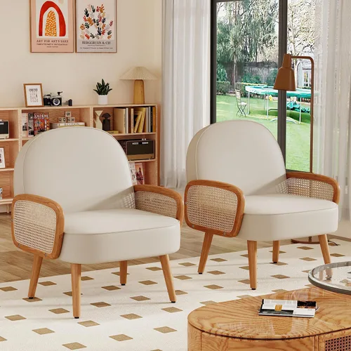 Miniatura 8 de Aklaus Silla decorativa moderna de mediados de siglo con brazos de ratán, tapizada de ratán, silla bohemia para sala de estar, dormitorio, balcón