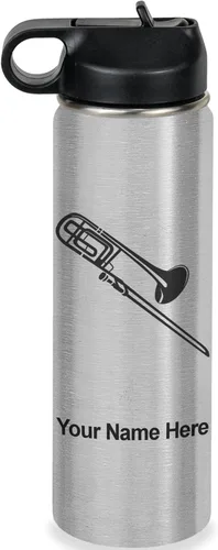 Miniatura 47 de LaserGram Botella de agua personalizada, trombón, acero inoxidable de doble pared aislada al vacío con popote superior, regalo grabado personalizado