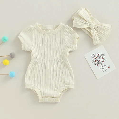 Miniatura 65 de Traje de verano para niña pequeña, de manga corta, acanalado, overol liso, pantalones cortos, ropa para recién nacidos