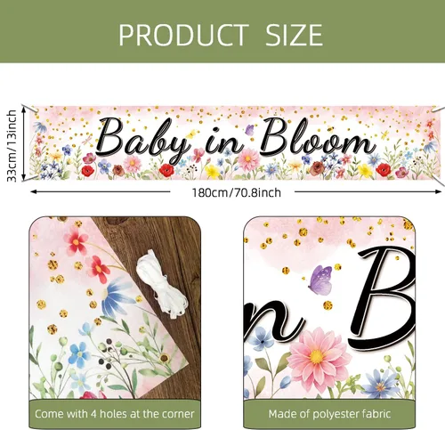 Miniatura 2 de Baby in Bloom - Cartel de baby shower, diseño floral de acuarela rosa coral, decoraciones de primavera para baby shower, grande de 70.8 x 13