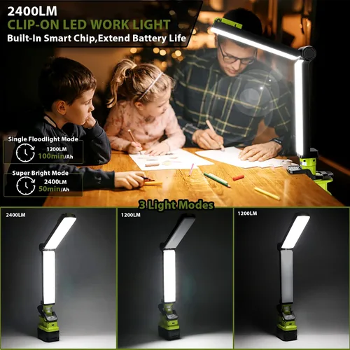 Miniatura 3 de Taingwei Luz de trabajo LED de 2400LM con clip para batería Ryobi de 18 V, luz de inundación de 30 W para reparación de automóviles, camping