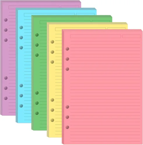 6-Hole Paper Refills for A5 Binders - 5 Colorful Line Paper, 100 Sheets/200 Pages Loose Leaf Papers for Filofax Planner, Per Color 20 Sheets, 5.8" x