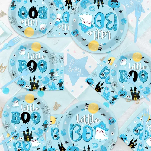 Miniatura 7 de 96 PIEZAS Platos y Servilletas de Halloween Little Boo Baby Shower para decoraciones de baby shower Boo, vajilla desechable azul y negra, platos