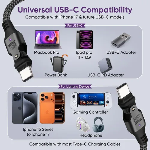 Miniatura 6 de Cable USB tipo C a C de rotación de 180° PD 240 W (1 paquete de 3.3 pies) USB2.0 480MBPS y cable de transferencia de datos Cable de carga