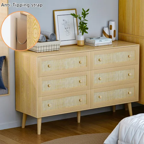 Miniatura 7 de HUANLEGO Cómoda de ratán para dormitorio, cómoda moderna de 6 cajones y cómoda, cómoda bohemia natural con asas, organizador de almacenamiento