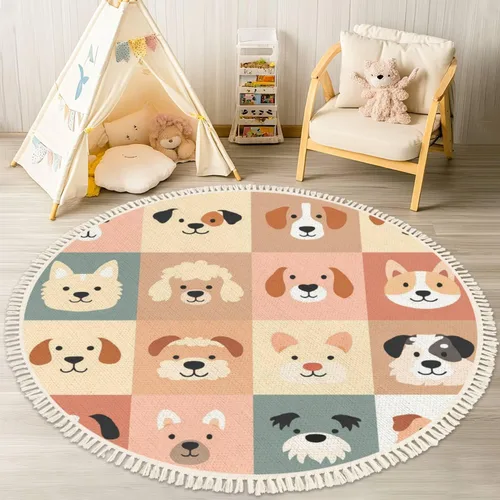 Miniatura 15 de Alfombra redonda bohemia para niños, dibujada a mano sin costuras con arco iris rosa pastel, alfombra de verano para bebé, alfombra de lino