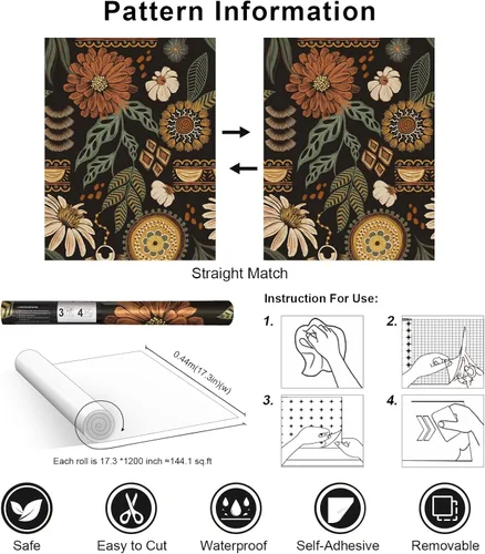 Miniatura 7 de Simon&Siff Papel tapiz bohemio para despegar y pegar, 17.3 x 1200 pulgadas, papel de contacto retro floral solar, papel de pared autoadhesivo Bronce