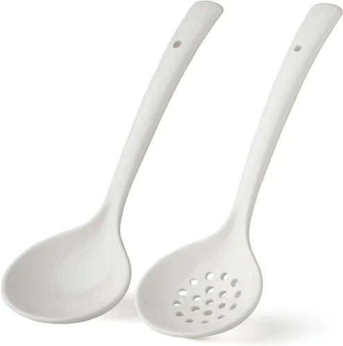 Juego de 2 cucharones de cerámica con cucharón grande para sopa con espumadera, cucharones ranurados, cucharones de cocina, cucharas coladoras para