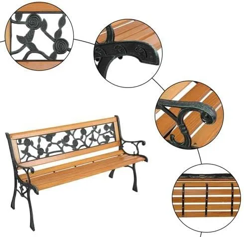 Miniatura 6 de Outvita Banco de jardín de 49.5 pulgadas, asiento de madera dura y banco de parque con reposabrazos de metal para patio, porche, camino, césped
