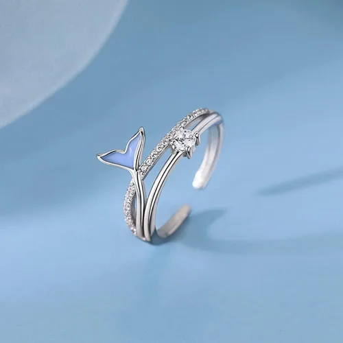 Miniatura 4 de Delicado anillo abierto de cola de sirena para mujer, circonita cúbica, cola de pez azul, doble capa, ajustable, apilables, anillos de compromiso