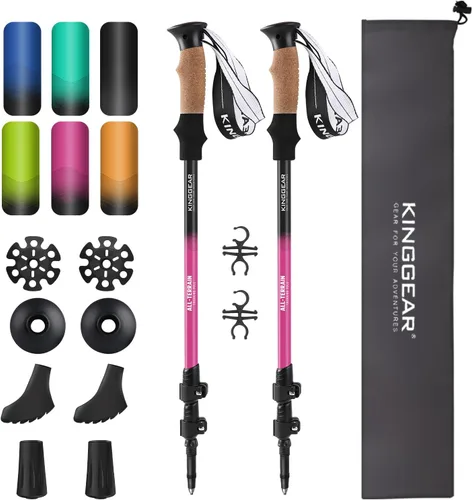 KINGGEAR Bastón nórdico de senderismo, TP1 Bastones de senderismo retráctiles ligeros de aluminio 7075, bastones de senderismo con bloqueo Rosa