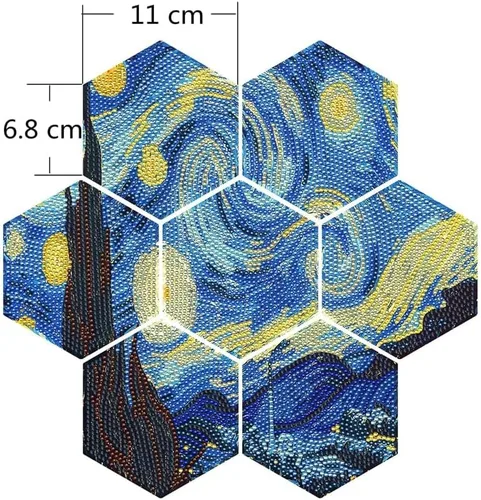 Miniatura 6 de Posavasos de arte de diamante Van Gogh Starry Night, 7 posavasos hexagonales con soporte, pequeños kits de pintura de diamantes para adultos