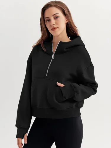Miniatura 2 de Trendy Queen Sudaderas con capucha para mujer, con cremallera de un cuarto, sudaderas de gran tamaño, media cremallera con bolsillos, ropa de otoño