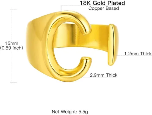 Miniatura 6 de Suplight - Anillo abierto ajustable con diseño de letra del alfabeto A-Z, chapado en oro de 18 quilates, libre de níquel, monograma de moda, inicial