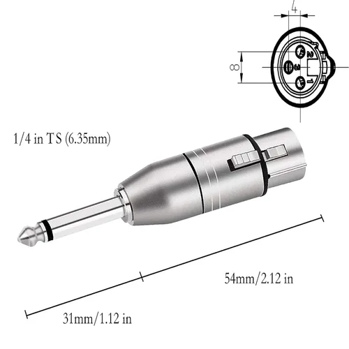 Miniatura 2 de XLR hembra a 1/4 "TS adaptador de micrófono, conector mono de 0.250 in a conector hembra XLR de 3 pines, convertidor XLR hembra a cuarto de pulgada
