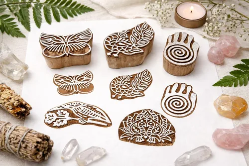 Miniatura 3 de Sellos de cerámica de madera para impresión en bloques, juego de 5 bloques de impresión textil india tallados a mano, sellos de cerámica de arcilla