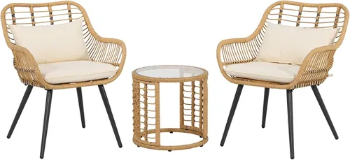 Miniatura 9 de JOIVI Juego de 3 piezas para patio bistró, juego de patio al aire libre de mimbre con asiento cómodo mejorado, mesa auxiliar redonda de cristal