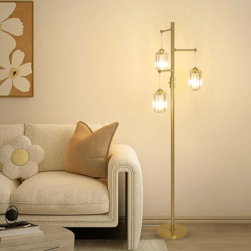 Miniatura 4 de Lámparas de pie de cristal dorado para sala de estar, 3 luces regulables, lámpara de pie moderna con pantalla de cristal, interruptor de atenuación