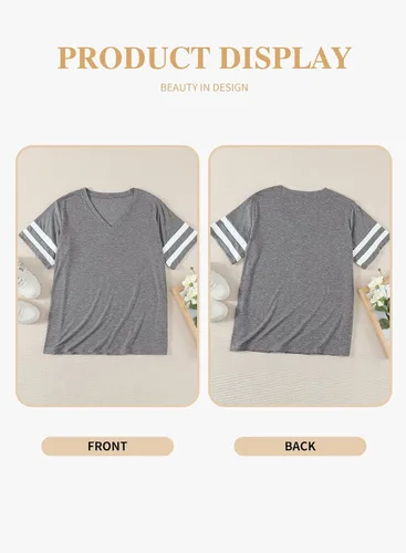 Miniatura 32 de Eytino Blusas de talla grande para mujer, cuello en V, manga corta, a rayas, casual, holgada, con bolsillo (1X-5X)