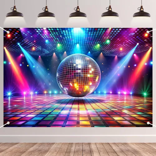 Fondo de fiesta de discoteca: diseño retro de bola de espejo con brillo dorado y neón colorido, decoraciones de cumpleaños temáticas de los años 70,