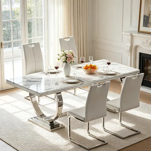 Miniatura 16 de Juego de mesa de comedor de mármol para 4, mesa de cocina rectangular de mármol blanco de 70 pulgadas con base en O de acero inoxidable dorado