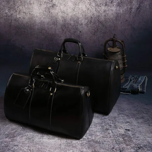 Miniatura 14 de Leathario Bolsa de viaje de cuero genuino para el fin de semana de la noche para los hombres, equipaje de mano, Negro-S, Pequeña, Vintage